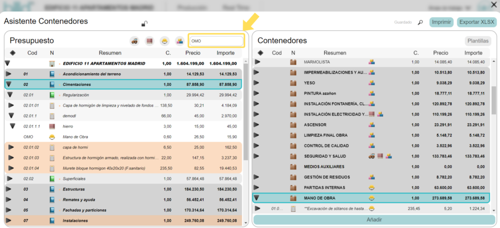 Añade partidas a contenedores y fíltralas por código